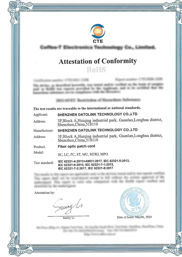 RoHS Certificate — Fiber Optic Patch Cord