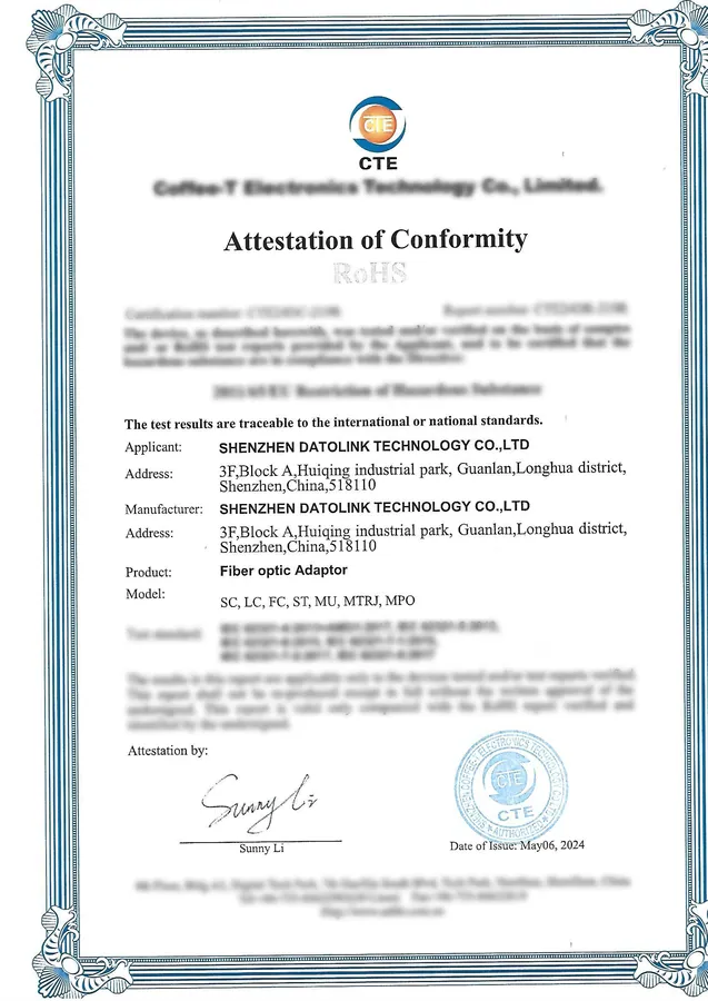 RoHS Certificate — Fiber Optic Adaptor